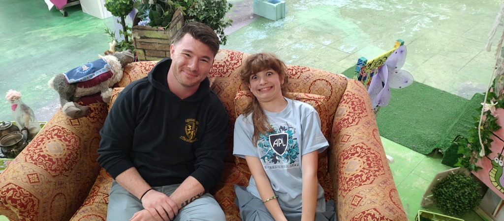 Gage Wright (left) and Francesca DeBella (right) at rehearsal for Charlie & The Chocolate Factory at Stand Up For...Theatre