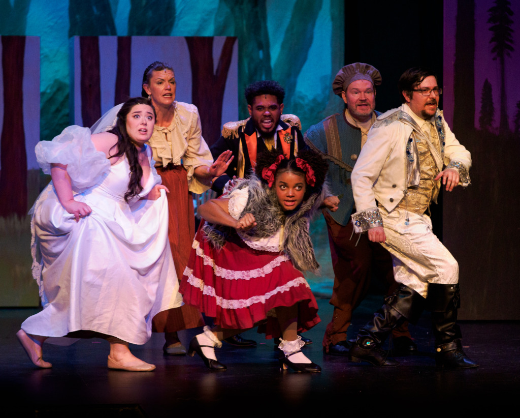 L to R: AnnaBelle Auguste as Cinderella; Liz Mulligan as The Baker's Wife; Willie Hadnot, Jr. as Rapunzel's Prince; Imani Corbin as Little Red Ridinghood; Ryan Power as The Baker; Davis Wootten-Klebanoff as Cinderella's Prince 📷 Nate Jackson Photography