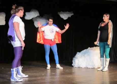 (l to r) Femme Force (Ashley Byrd)  Blurr (Jimmy Santos) and Delay-a (Liz Fox Corrente). Photo Credit David Jones.