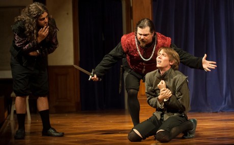 Servant Pedringano (kneeling- Jeffrey Gangwisch) is threatened into betrayal by Lorenzo (center- Bill Soucy) and Balthazar (left- Matthew Purpora). Photo credit: Joshua McKerrow.