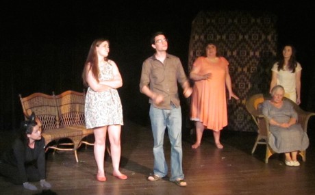 Weavers- (l to r) Sam the Cat (Kryss Lacovaro) Candace (Avery Florer) Greg (Danny C. Miller) First Weaver (Meghan Williams Elkins) Clotho (Sonya Okin) and Second Weaver (Luba Hansend). Photo Credit David Jones.