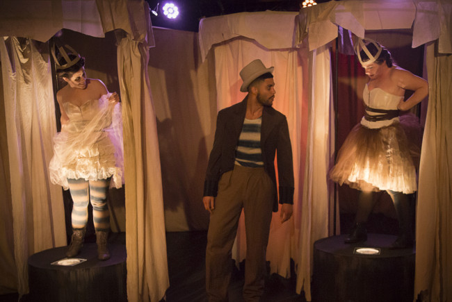 Vanessa Strickland (left) as Pinhead, Giovanni Kavota (center) as Pinhead Manager) and Gene Fouche (right) as Pinhead in The Elephant Man