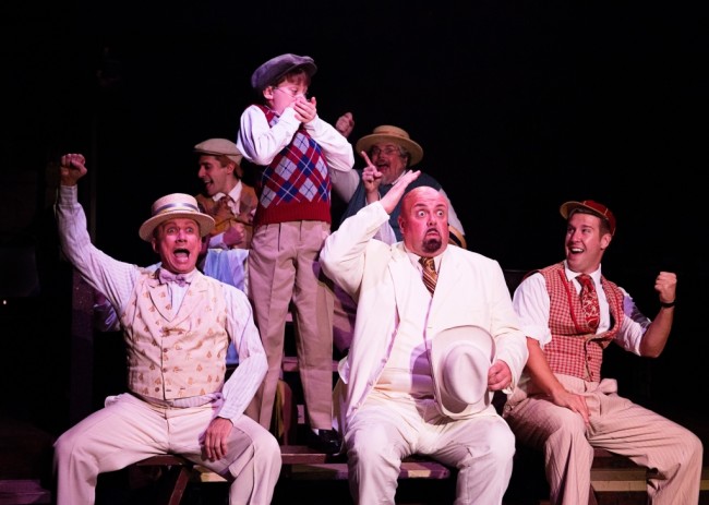 (Front L to R) David James  as ensemble, Gavin Willard as Edgar, David Bosley-Reynolds as Father, Justin Calhoun as ensemble. (Back L to R) Ben Lurye as ensemble, Andrew Horn as ensemble in Ragtime at Toby's Dinner Theatre