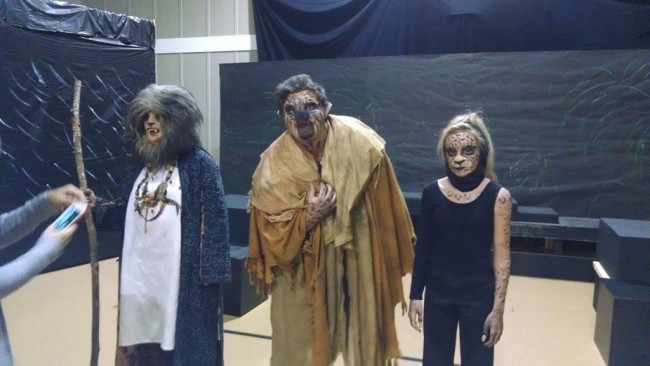 Angela Knepps (left) as The Sayer of the Law, Mickey Cashman (Center) as Hyena-Swine Creature, and Alayna Stewart (right) as Leopard Creature in rehearsal for The Island of Doctor Moreau at Twin Beach Players