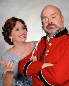 Elizabeth Elton Knupp (left) as Lady Grace Manley-Prowe and Steve Antonsen (right) as Col. Gillweather in Something's Afoot at Vagabond Players