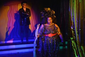Miriam Bowden as Madam Tiresias in Oedipus Rox! at Maryland Ensemble Theatre