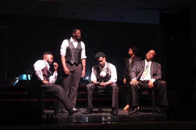 (L to R) C.J. Faulk as Jimmy "Thunder" Ealy, Theodore Sapp as C.C., Jason Ellis as Curtis, Alani D'Lawren as a singer dude, and Kevin Sockwell as Marty in Dreamgirls