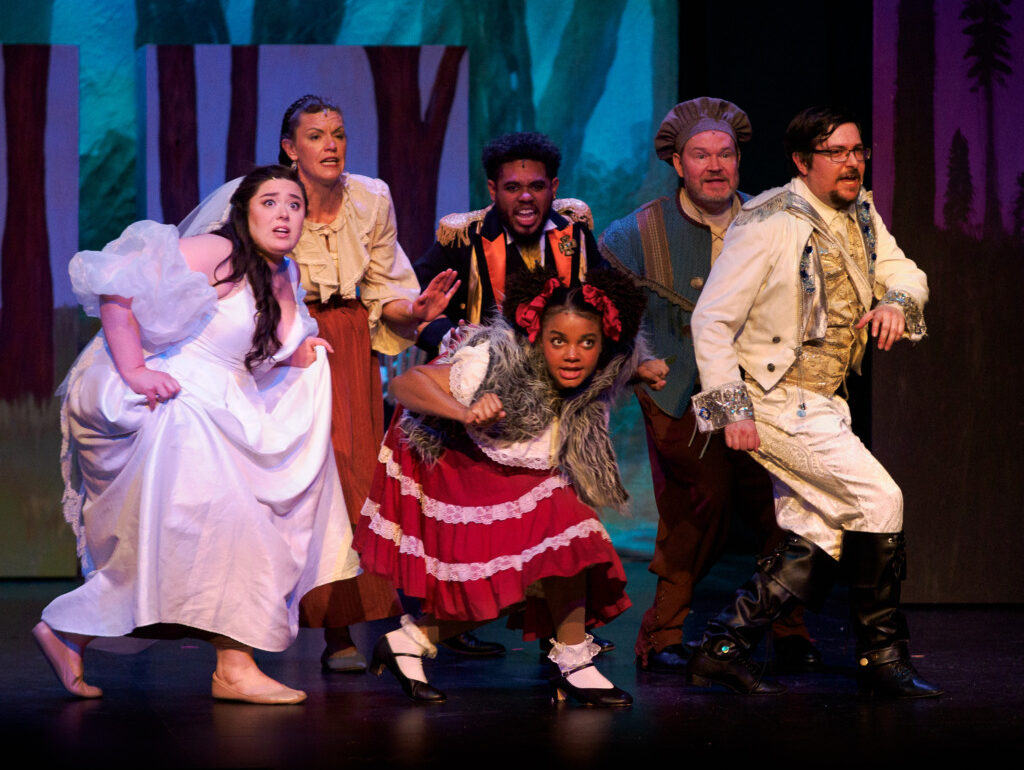 L to R: AnnaBelle Auguste as Cinderella; Liz Mulligan as The Baker's Wife; Willie Hadnot, Jr. as Rapunzel's Prince; Imani Corbin as Little Red Ridinghood; Ryan Power as The Baker; Davis Wootten-Klebanoff as Cinderella's Prince 📷 Nate Jackson Photography