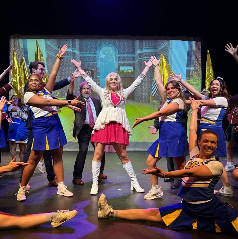 Emma Hammett as Elle (center), Kailyn Quince as Pilar (left), Emma Kessler as Margot (inner right), Alayna Mall as Serena (outer right) in Legally Blonde at Beth Tfiloh Community Theatre 📸 Bella Comotto