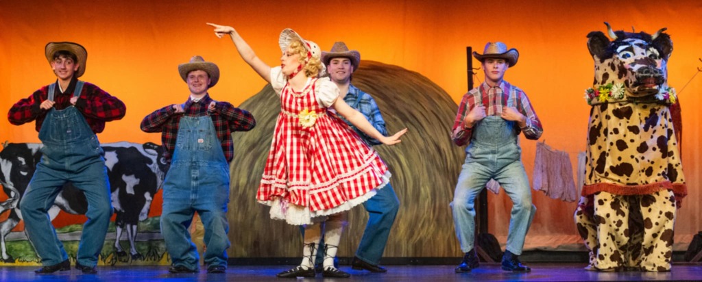 Meagan Jenkins (center) as June and her Farmboys in Gypsy at Scottfield Theatre Company đˇ STC