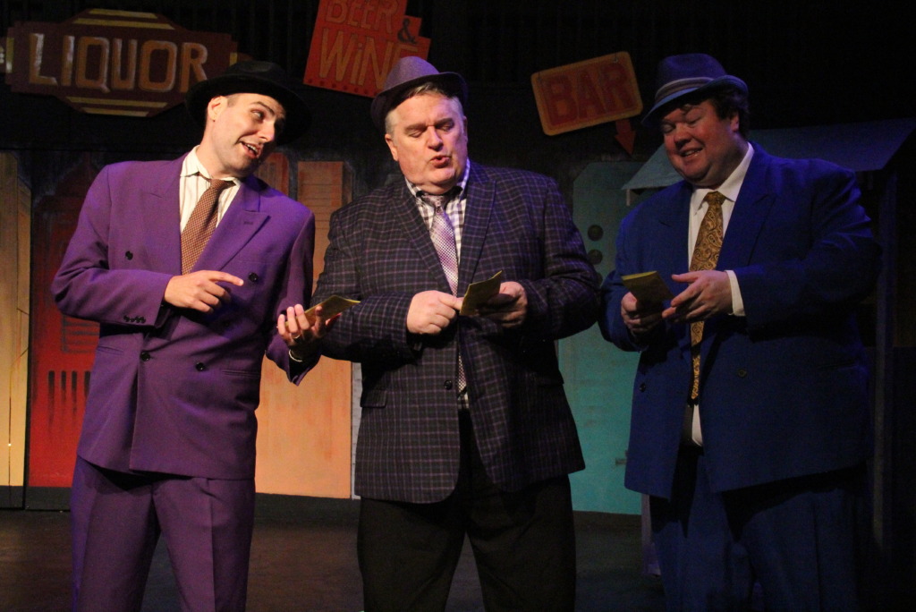 Sam Abrahams (left) as Rusty Charlie with Will Hayden (center) as Nicely-Nicely Johnson, and Tyler Hanson (right) as Benny Southstreet in Guys & Dolls at Other Voices Theatre đ· Adam Blackstock