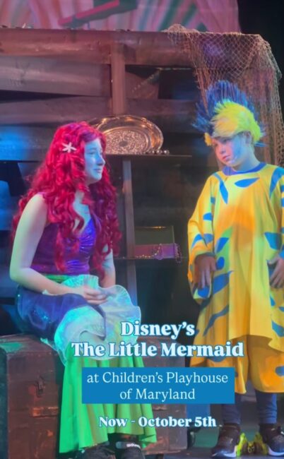 Cassidy Gertner (left) as Ariel and Sivert Carlson (right) as Flounder in Disney's The Little Mermaid at Children's Playhouse of Maryland