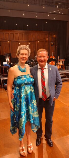 Amanda Gunther (left) of TheatreBloom with Ron Legler (right) at the press-welcoming for Ceilidh, August 2025 in The M&T Exchange