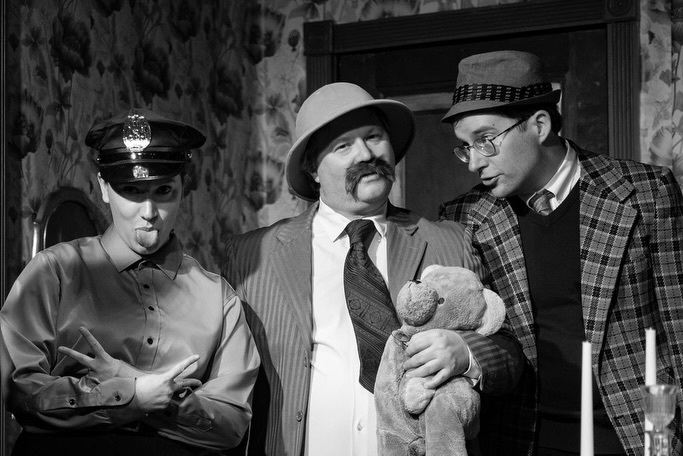 Sydney Marks (left) as Officer O'Hara with Stephen M. Deininger (center) as Teddy Brewster and Thomas Peter (right) as Dr. Einstein in Arsenic & Old Lace at Vagabond Players 📷 Shealyn Jae Photography