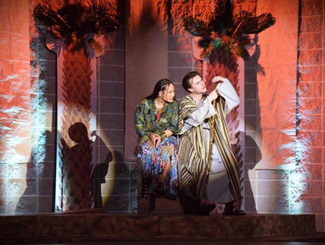 Anya Lengbeyer (left) as Tzipporah and Ian Cripe (right) as Moses in The Prince of Egypt at Woods Memorial Presbyterian