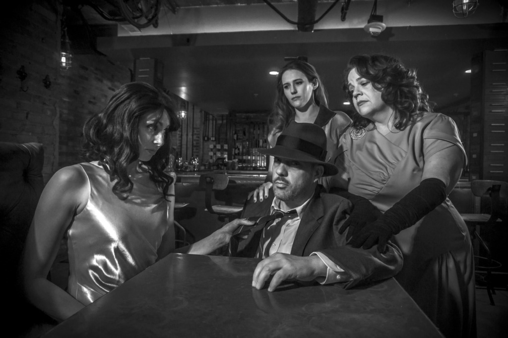 City of Angels at Colonial Players: Luke Tudball (center, hat) as Stone with (l to r) Erica Miller as Alura Kingsley, Kasey Colligan as Oolie, and Shelly Work as Bobbi 📷 Brandon Bentley