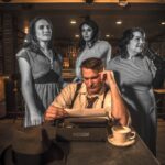 City of Angels at Colonial Players: Nathanael Quay (center) as Stine with (l to r) Kasey Colligan as Oolie, Erica Miller as Alura, and Shelly Work as Bobbi 📷 Brandon Bentley