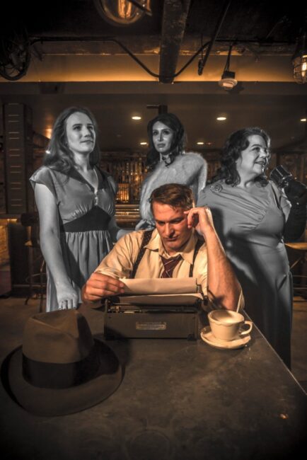 City of Angels at Colonial Players: Nathanael Quay (center) as Stine with (l to r) Kasey Colligan as Oolie, Erica Miller as Alura, and Shelly Work as Bobbi 📷 Brandon Bentley