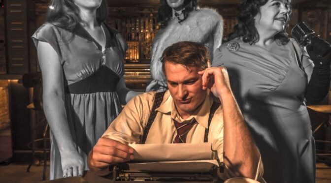 City of Angels at Colonial Players: Nathanael Quay (center) as Stine with (l to r) Kasey Colligan as Oolie, Erica Miller as Alura, and Shelly Work as Bobbi 📷 Brandon Bentley