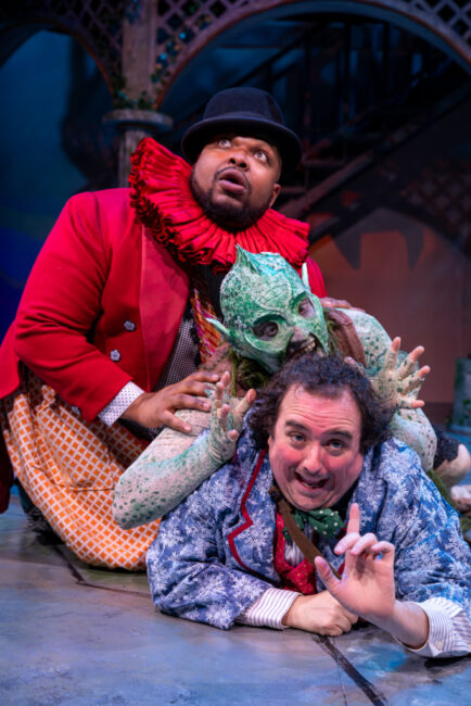 Shakill Jamal (top) as Trinculo, with Vince Eisenson (center) as Caliban, and Matt Harris (below) as Stephano in Chesapeake Shakespeare Company's The Tempest 📷 Kiirstn Pagan Photography.