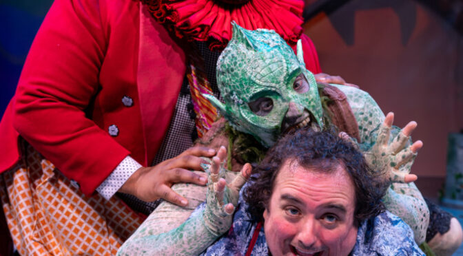 Shakill Jamal (top) as Trinculo, with Vince Eisenson (center) as Caliban, and Matt Harris (below) as Stephano in Chesapeake Shakespeare Company's The Tempest 📷 Kiirstn Pagan Photography.