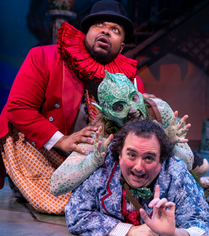 Shakill Jamal (top) as Trinculo, with Vince Eisenson (center) as Caliban, and Matt Harris (below) as Stephano in Chesapeake Shakespeare Company's The Tempest 📷 Kiirstn Pagan Photography.