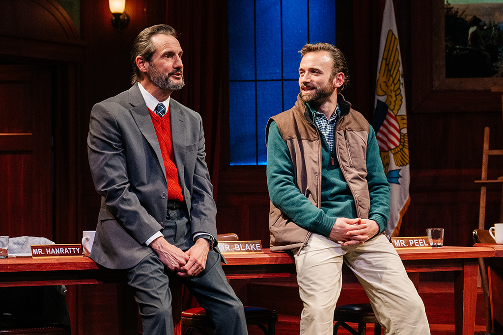 Ray Ficca (left) as Mayor Superba and Stephen Russell Murray (right) as Mr. Peel in The Minutes at Keegan Theatre 📷 Cameron Whitman Photography