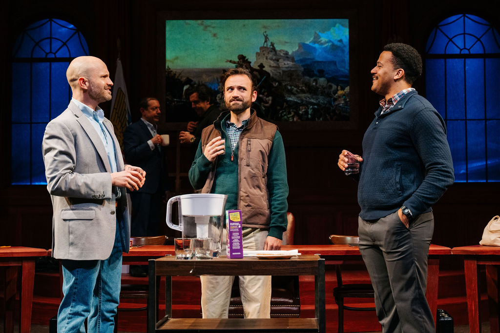 Brett Earnest (left) as Mr. Hanratty with Stephen Russell Murray (center) as Mr. Peel and Dominique Gray (right) as Mr. Blake  in The Minutes at Keegan Theatre 📷 Cameron Whitman Photography