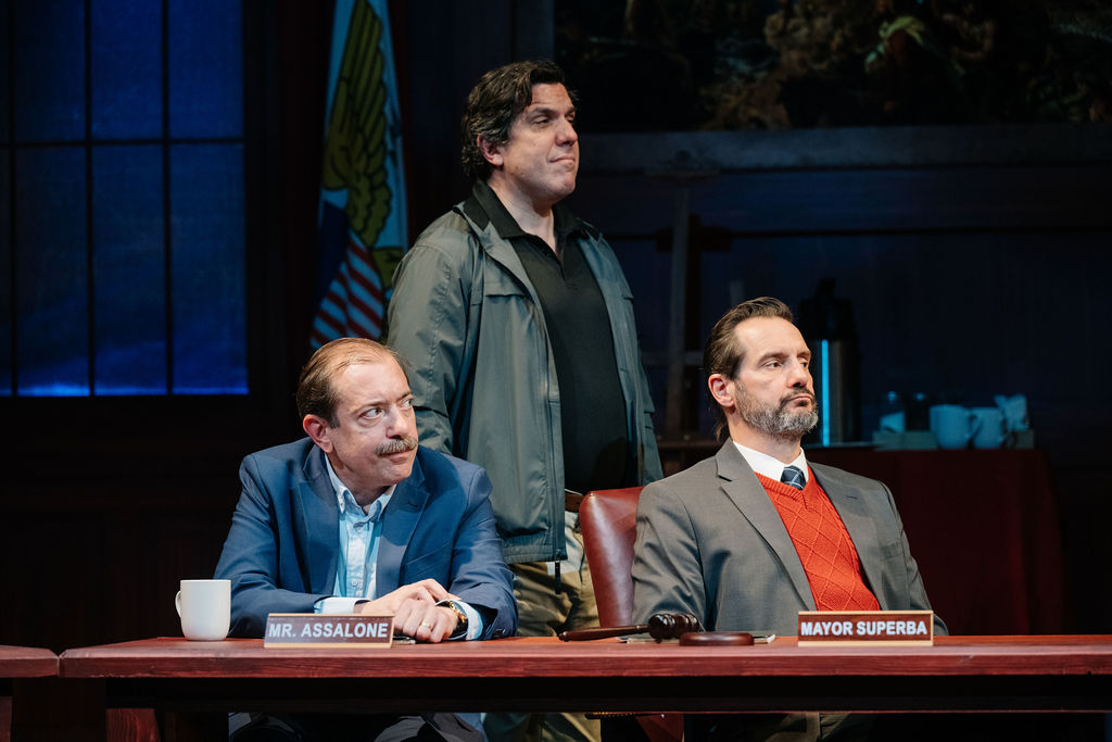 Zach Brewster-Geisz (left) as Mr. Assalone, Theo Hadjimichael (center) as Mr. Breeding, and Ray Ficca (right) as Mayor Superba in The Minutes at Keegan Theatre 📷 Cameron Whitman Photography