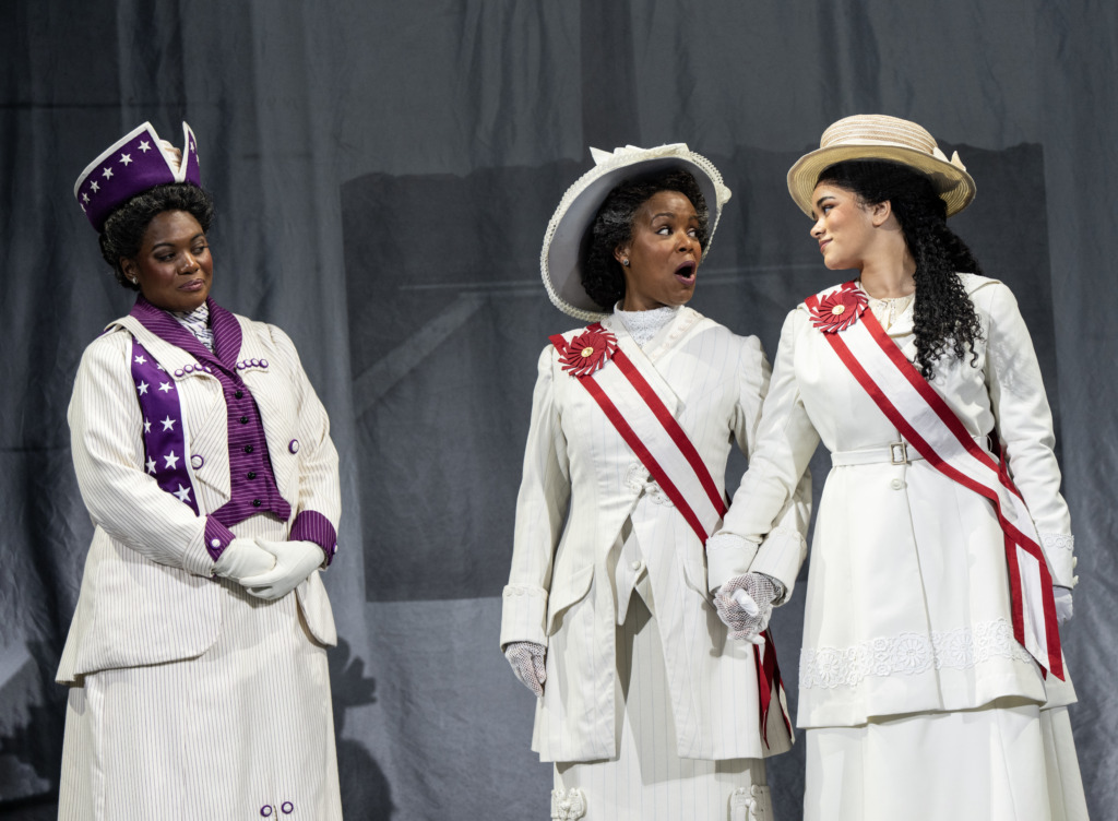 Danyel Fulton (left) as Ida B. Wells with Trisha Jeffrey (center) as Mary Church Terrell and Victoria Pekel as Phyllis Terrell in Suffs 📷 Joan Marcus
