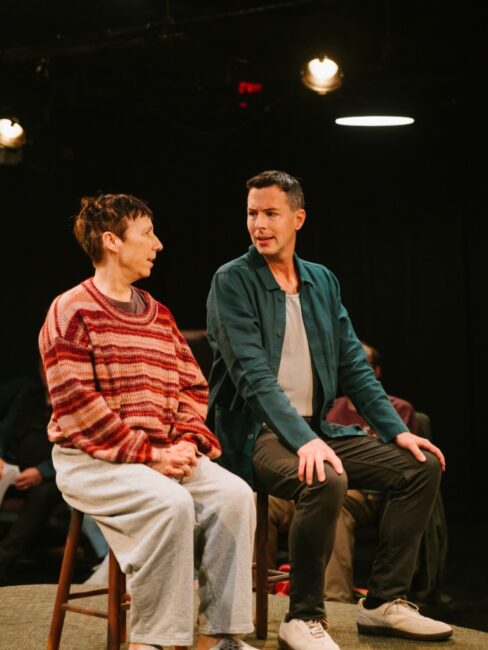 Jeremy Myers (right) with guest audient (Julie Herber; left) in Every Brilliant Thing at Maryland Ensemble Theatre