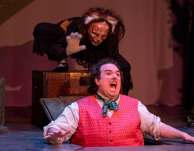 Dorienne oven (behind) as Spirit of the East and Matt Harris (in front) as Stephano in Chesapeake Shakespeare Company's The Tempest 📷 Kiirstn Pagan Photography.