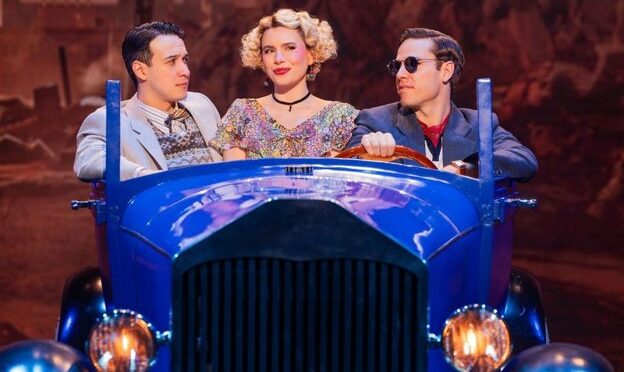 Joshua Grosso (left) as Nick Carraway, Lila Coogan (center) Myrtle, and Will Branner (right) as Tom in The First National Tour of The Great Gatsby 📷 Evan Zimmerman
