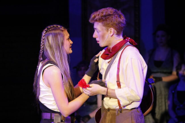 Lilah Fodel (left) as Eurydice and Max Ozbolt (right) as Orpheus in Hadestown (teen edition) at Children's Playhouse of Maryland 📷 Kelly Williams Carlson