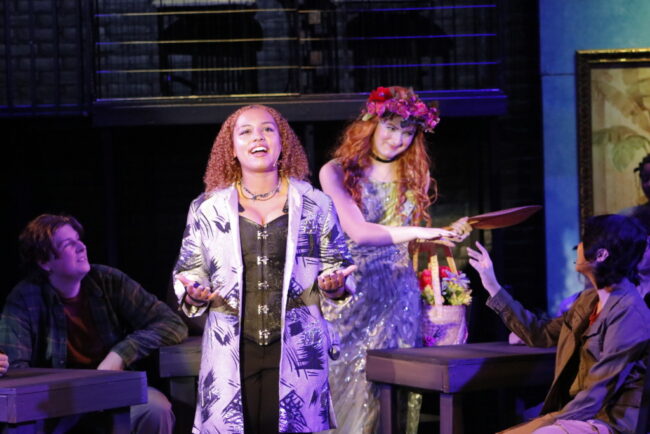 Allyson Gray (left) as Hermes and Catherine Ace Angelos (right) as Persephone in Hadestown (teen edition) at Children's Playhouse of Maryland 📷 Kelly Williams Carlson