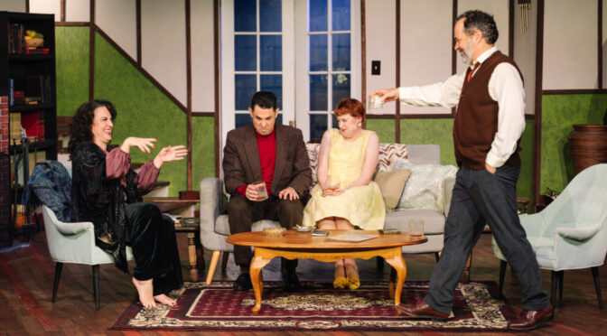 (L to R) Gillian Shelly as Martha, Steven Todd Smith as Nick, Maureen O'Neal as Honey, and Aaron Angelo as George in Who's Afraid of Virginia Woolf at Ardeo Theatre Company 📷Michael Mason Studios