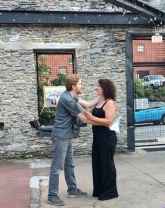Evan Crump (left) as Benedick and Gillian Shelly (right) as Beatrice