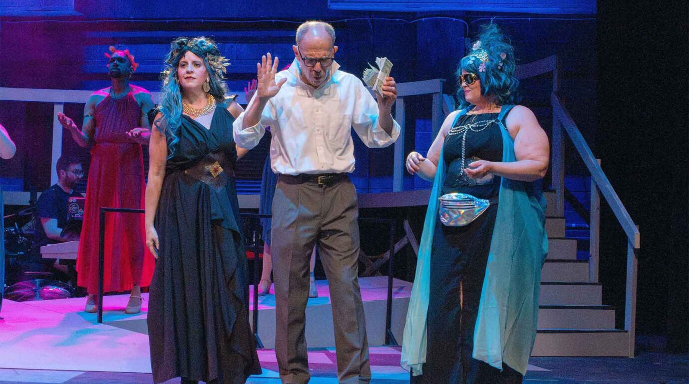 Lisa Pastella (left) as Melpomene with David Steinhorn (center) as Danny, and Amy Haynes Rapnicki (right) as Calliope in Xanadu at Cockpit in Court 📷 Trent Haines-Hopper/realgoodphotos.com