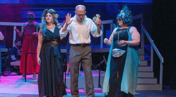 Lisa Pastella (left) as Melpomene with David Steinhorn (center) as Danny, and Amy Haynes Rapnicki (right) as Calliope in Xanadu at Cockpit in Court 📷 Trent Haines-Hopper/realgoodphotos.com