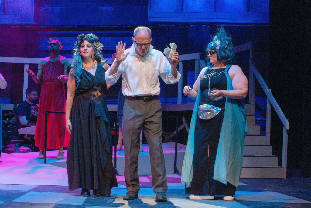 Lisa Pastella (left) as Melpomene with David Steinhorn (center) as Danny, and Amy Haynes Rapnicki (right) as Calliope in Xanadu at Cockpit in Court đˇ Trent Haines-Hopper/realgoodphotos.com