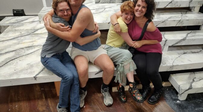 (L to R) Evan Crump, Jake Urtes, Maureen O'Neal, and Gillian Shelly at rehearsal for Much Ado About Nothing.
