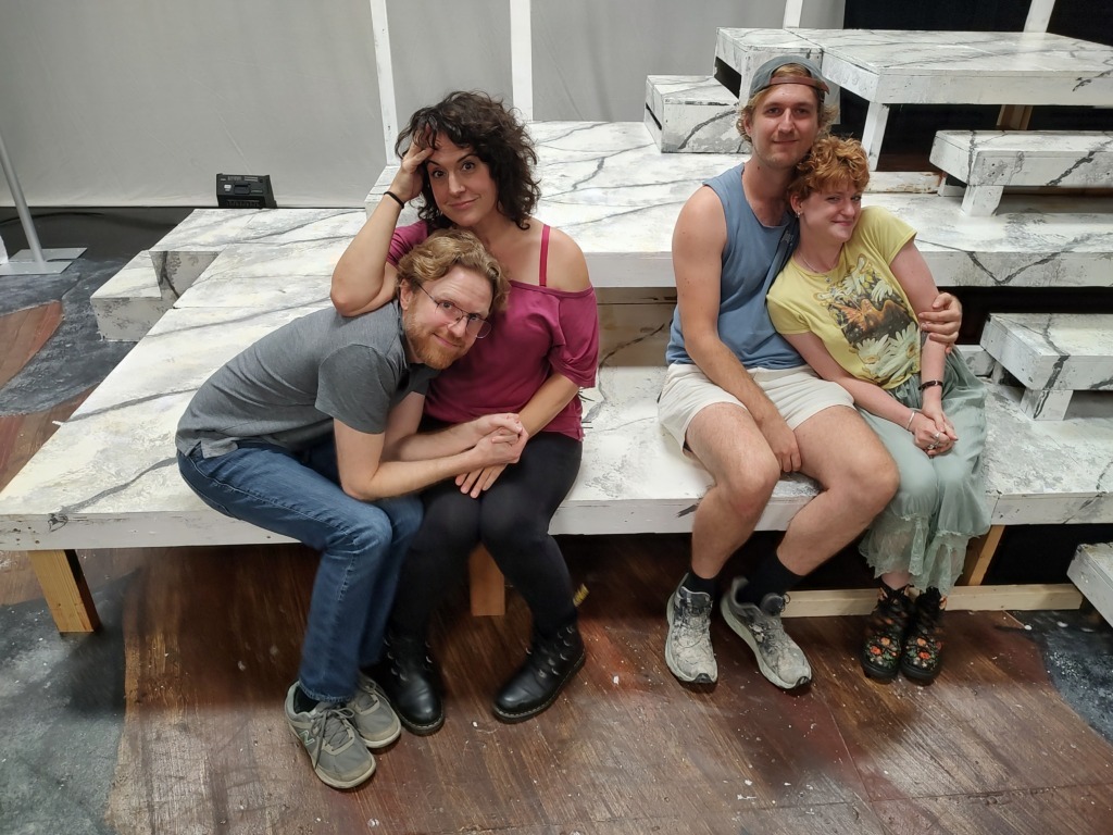 (L to R) Evan Crump, Gillian Shelly, Jake Urtes, and Maureen O'Neal at rehearsal for Much Ado About Nothing