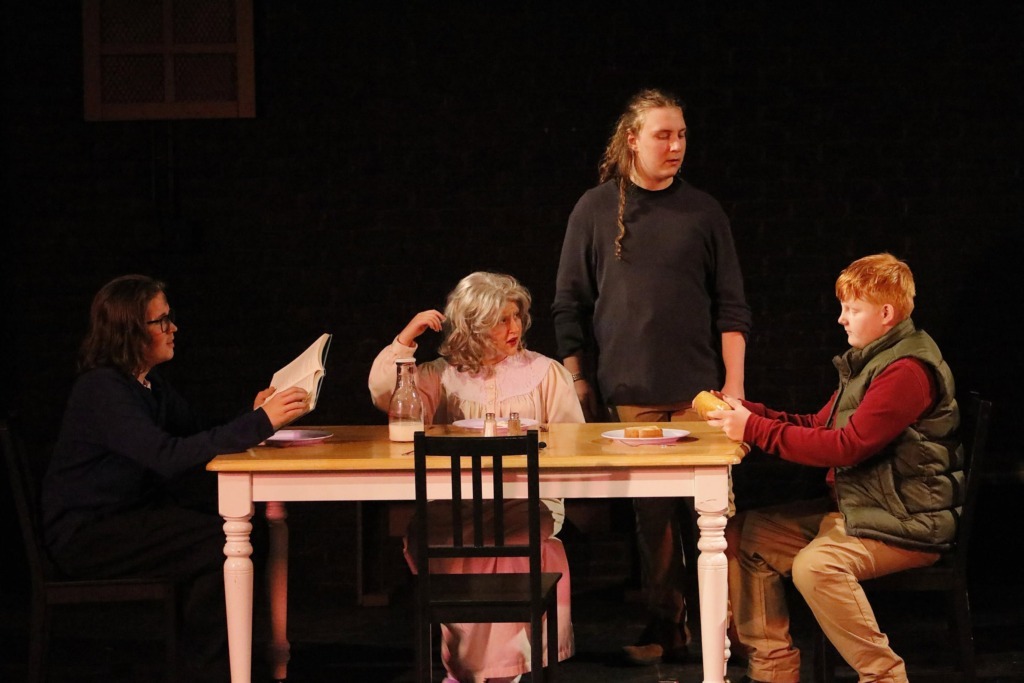 (L to R) Tobin Shoul as Tony, Kaitlyn Bell as Grandma, Cormac Coleman as Dad, and Parker Hines as Big Davey in Billy Elliot at Children's Playhouse of Maryland đˇ Kelly Carlson