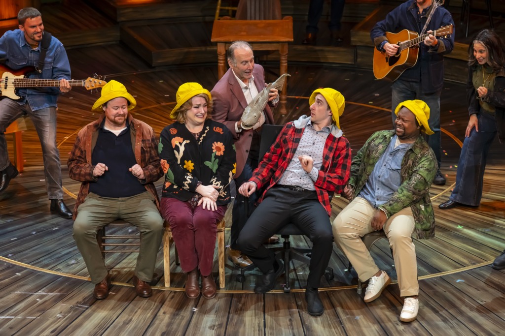 (from to l to r) Joe Mallon as Nick, Caitlin Brooke as Diane, Lawrence Redmond as Claude, Michael Pierre Jr. as Kevin T., and Montel B. Butler as Bob with the company of Come From Away 2026 at Ford's Theatre đ· Scott Suchman