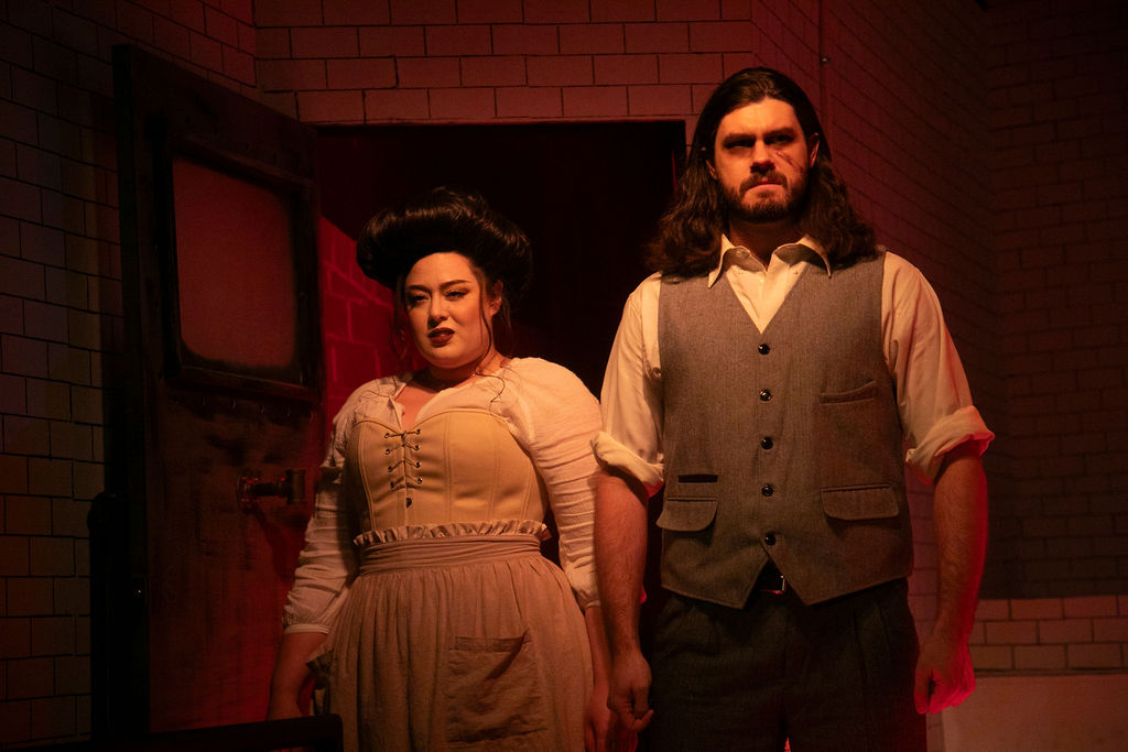 AnnaBelle Auguste (left) as Mrs. Lovette and Sean Hogan (right) as Sweeney Todd in Sweeney Todd at Vagabond Players 📷 Shealyn Jae Photography