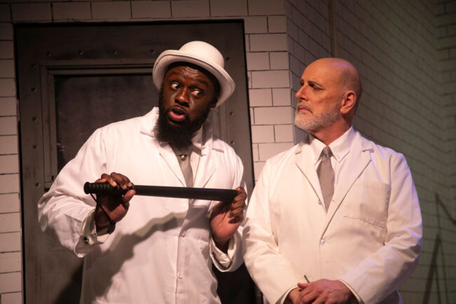 Terriq White (left) as Beadle Bamford and Michael Bevard (right) as Judge Turpin in Sweeney Todd at Vagabond Players 📷 Shealyn Jae Photography