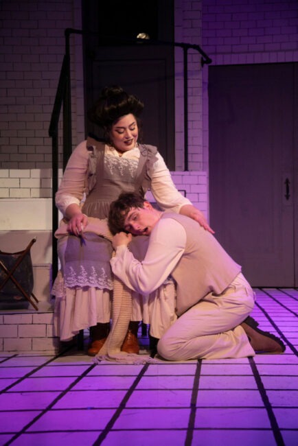 AnnaBelle Auguste as Mrs. Lovette (left) and Deacon Withers as Tobias Ragg (right) in Sweeney Todd at Vagabond Players 📷 Shealyn Jae Photography